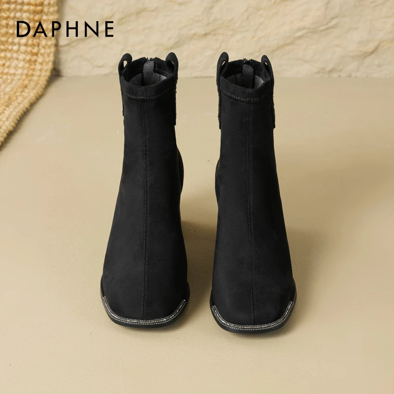 达芙妮绒面高跟短靴2025秋季新款粗跟方头气质瘦瘦靴马丁靴女靴子