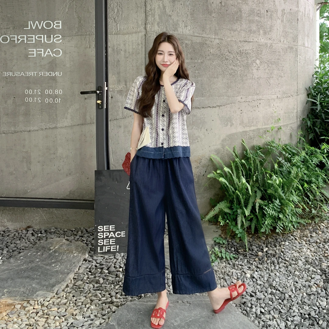 韩系慵懒松弛感套装女2025夏季新款显瘦格纹针织上衣阔腿裤两件套