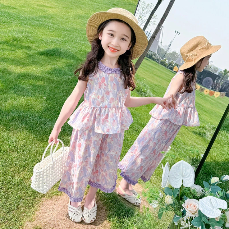 田园风女洋气薄款套头夏季韩版套装夏装儿童上衣碎花新款法式古风