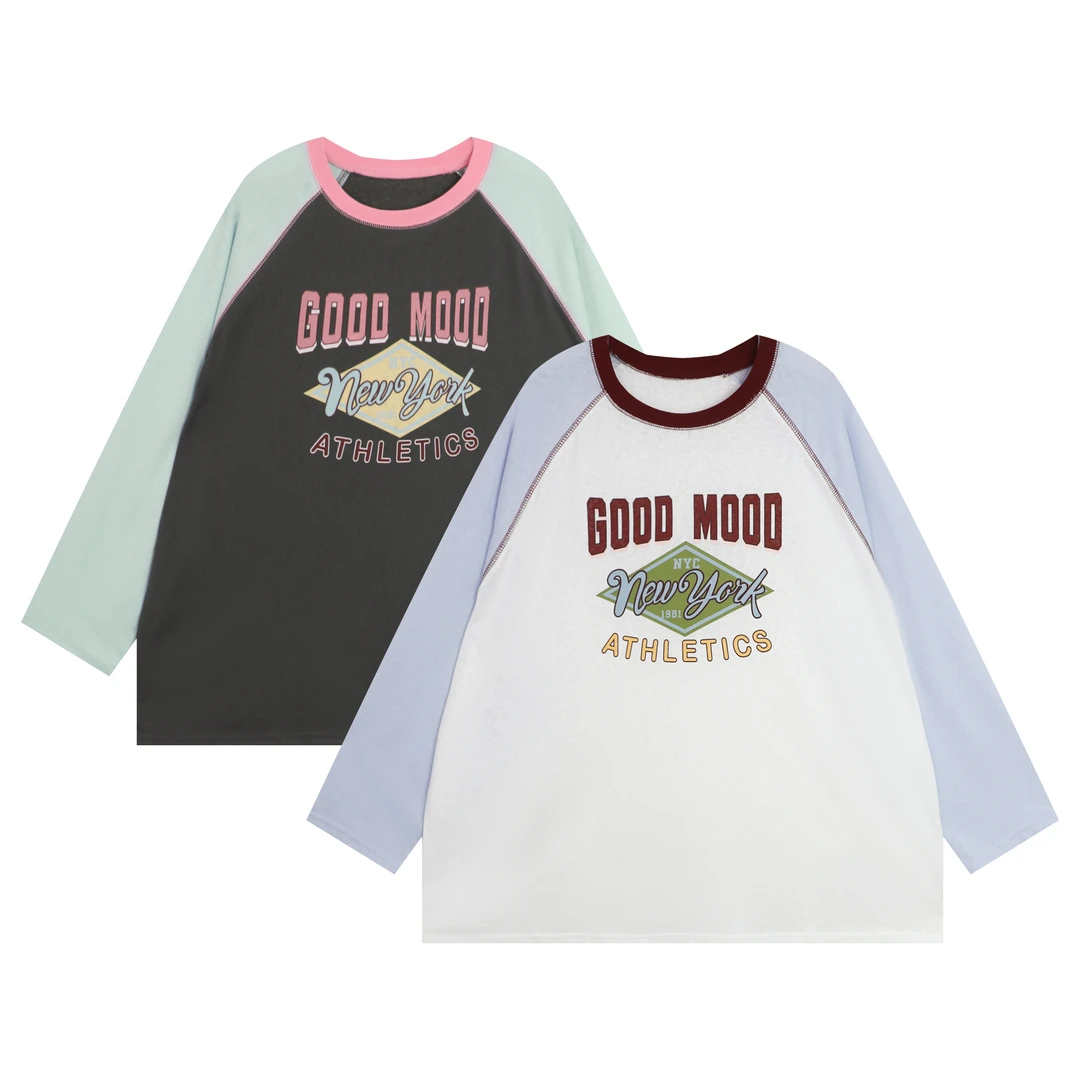 拼色插肩薄T时尚休闲女装2025夏季新款显瘦潮流印花长袖圆领舒适