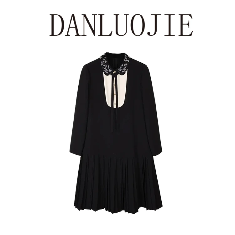 丹珞婕 私服连衣裙 双层四面弹刺绣百褶 春夏飘带连衣裙时尚百搭