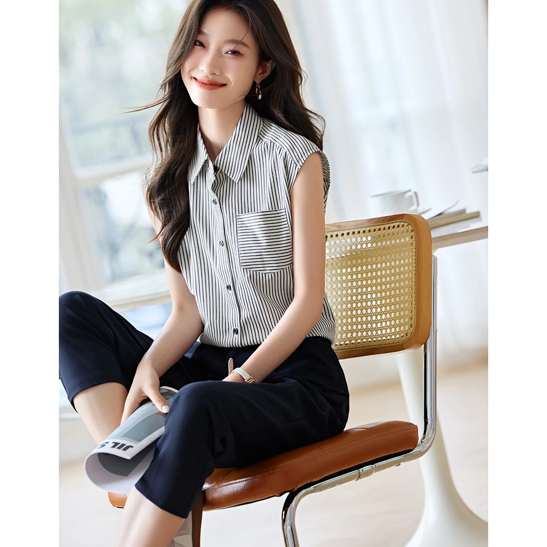 沫晗依美2025夏季新款显瘦设计感翻领无袖衬衫短裤两件套套装2338
