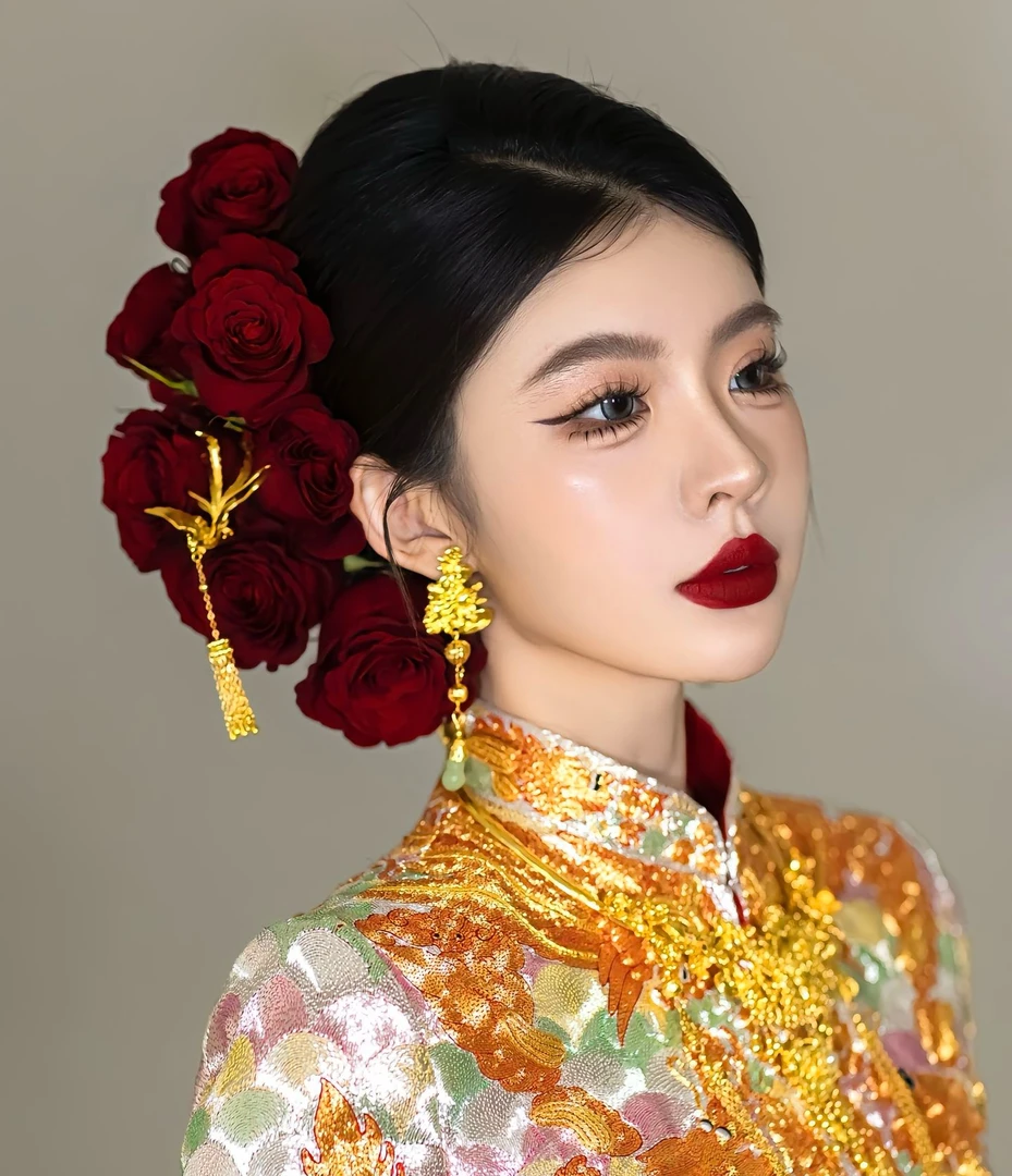 新款手工仿真玫瑰花秀禾服新娘结婚龙凤褂发饰高级大气晨袍配饰