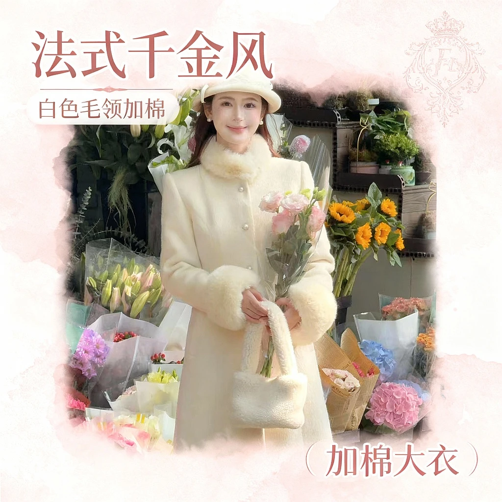 LiLi李李家【卢森堡冬日】法式千金风白色毛领加棉大衣XMZH10592