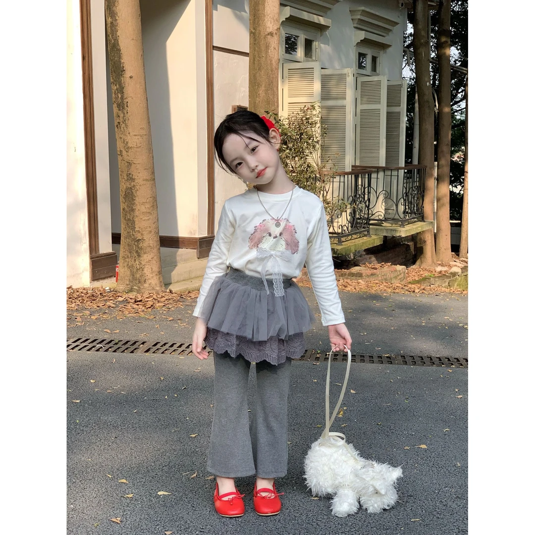 Bmy2025at 女童秋季新款韩版蕾丝小狗打底衫屁帘裤开衫套装