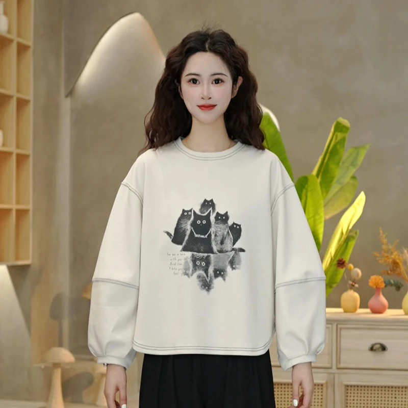 6683 春季薄款小猫印花圆领卫衣休闲时尚百搭套头长袖上衣