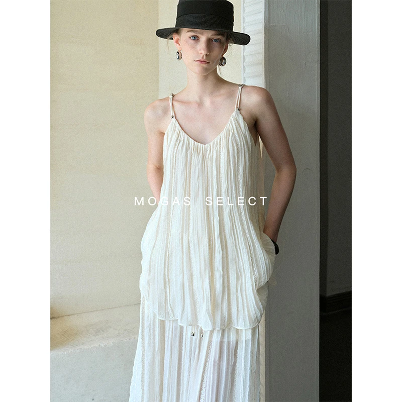 Mogas亮片女神法式压褶雪纺度假吊带背心飘逸长半裙女夏302502