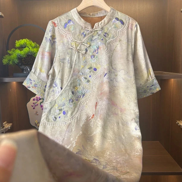 【鲤荷谣】新中式国风立领斜襟夏季女士气质显瘦连衣裙