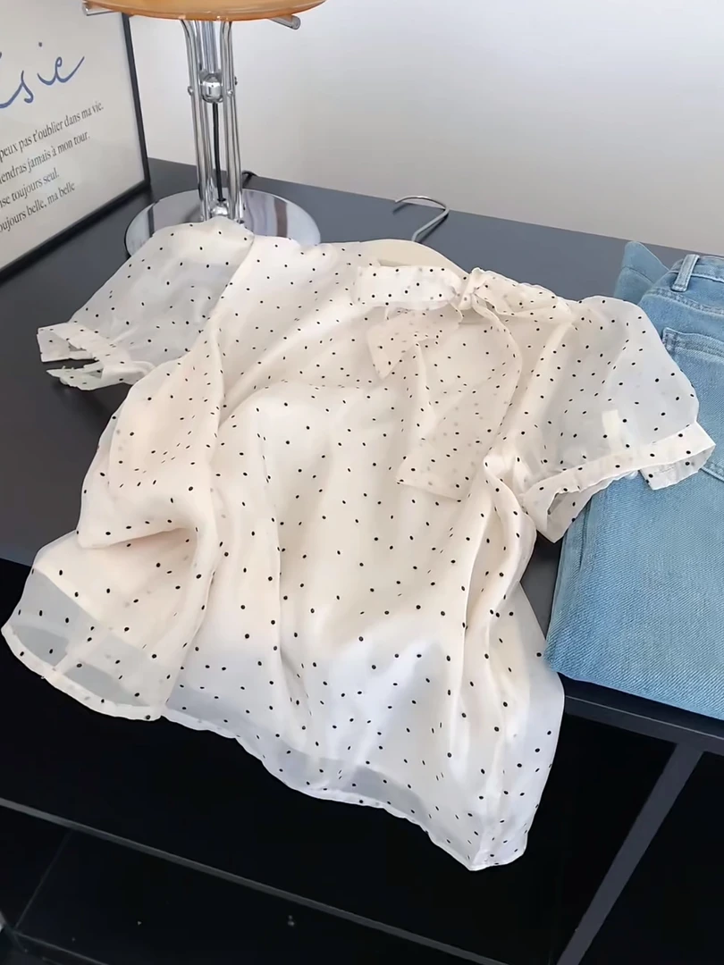 系带蝴蝶结波点雪纺短袖衬衫女夏款2025新款夏季衬衣别致小衫上衣