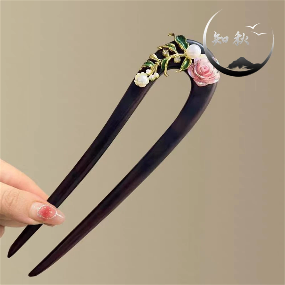 【绿叶玫瑰】发簪古风木质高级盘发新中式双钗汉服蝴蝶u型簪子a312