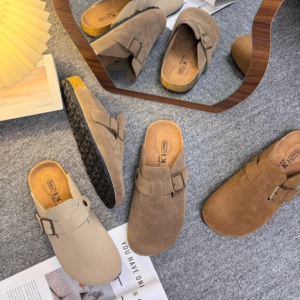 三喜同款2025春夏新款勃肯鞋外穿软木底半拖包头平底森系博肯女鞋