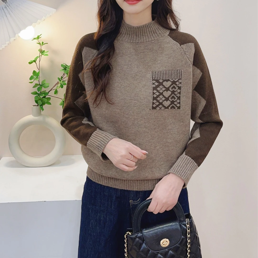 【爱心】女半高领时尚拼色套头加厚毛衣宽松减龄秋冬内搭打底衫