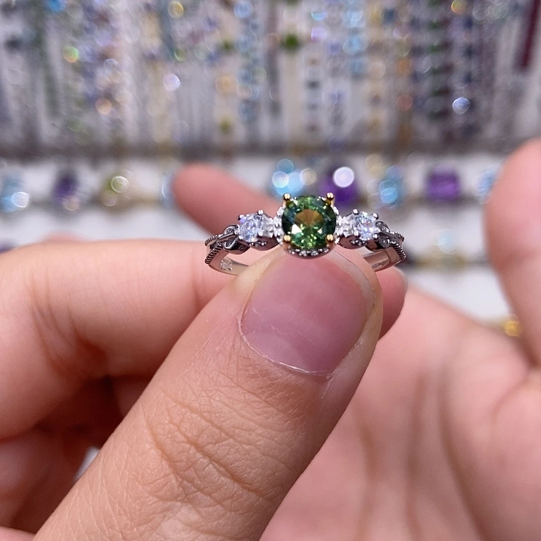 戒指彩色蓝宝石银S925镶嵌