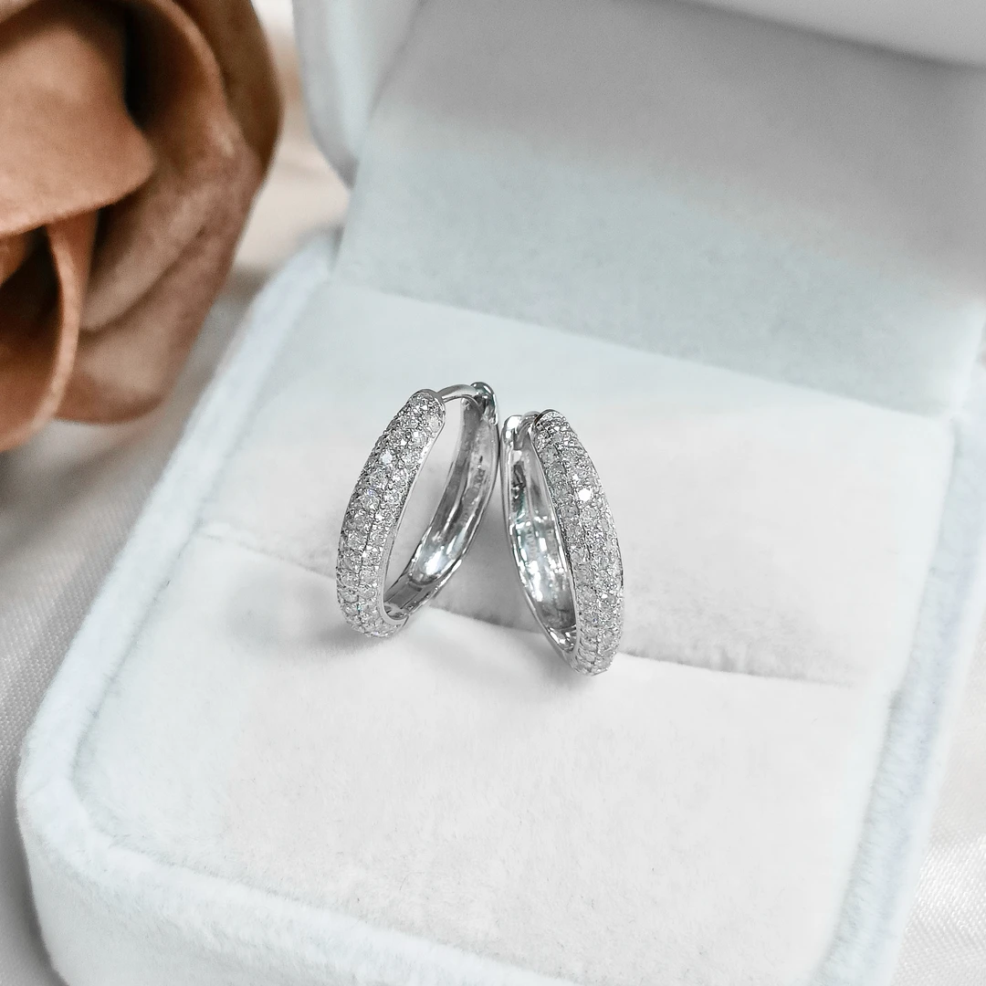 18k金白钻耳圈 天然钻石耳扣经典简约 时尚百搭精致气质轻奢耳包