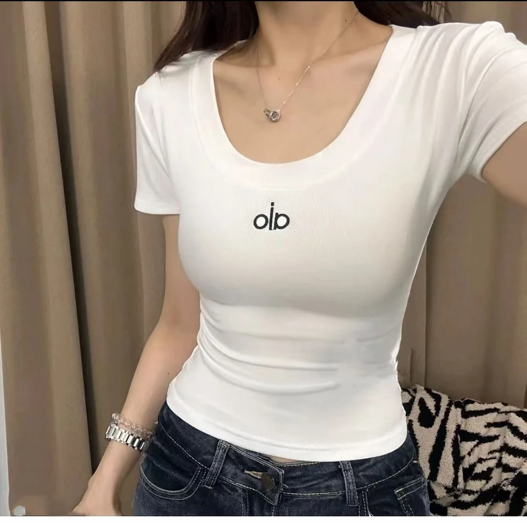 2025夏季后背镂空U领字母刺绣小众设计感短袖T桖时尚修身显瘦百搭