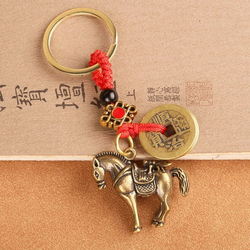 【纯黄铜】2026新款复古黄铜立体马生肖马上蝇铜钱绳钥匙扣挂件