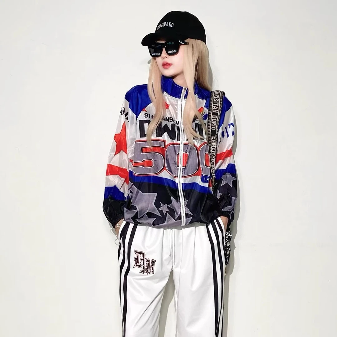 夏季新款时尚印花薄款立领拉链款束绳外套女IN1511