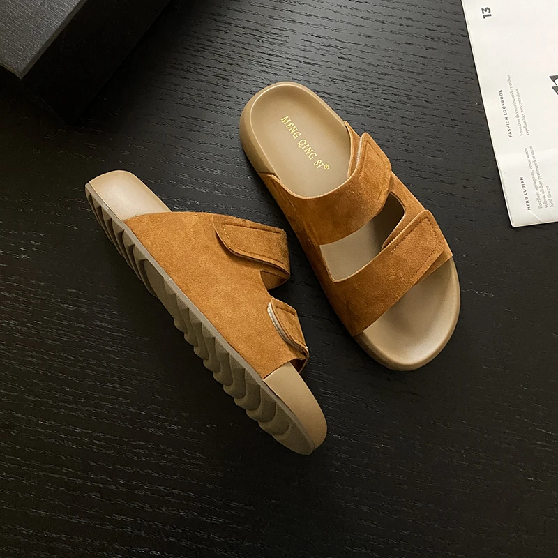 复古棕色磨砂真皮凉拖鞋女夏外穿厚底魔术贴可调整软底防滑孕妇鞋