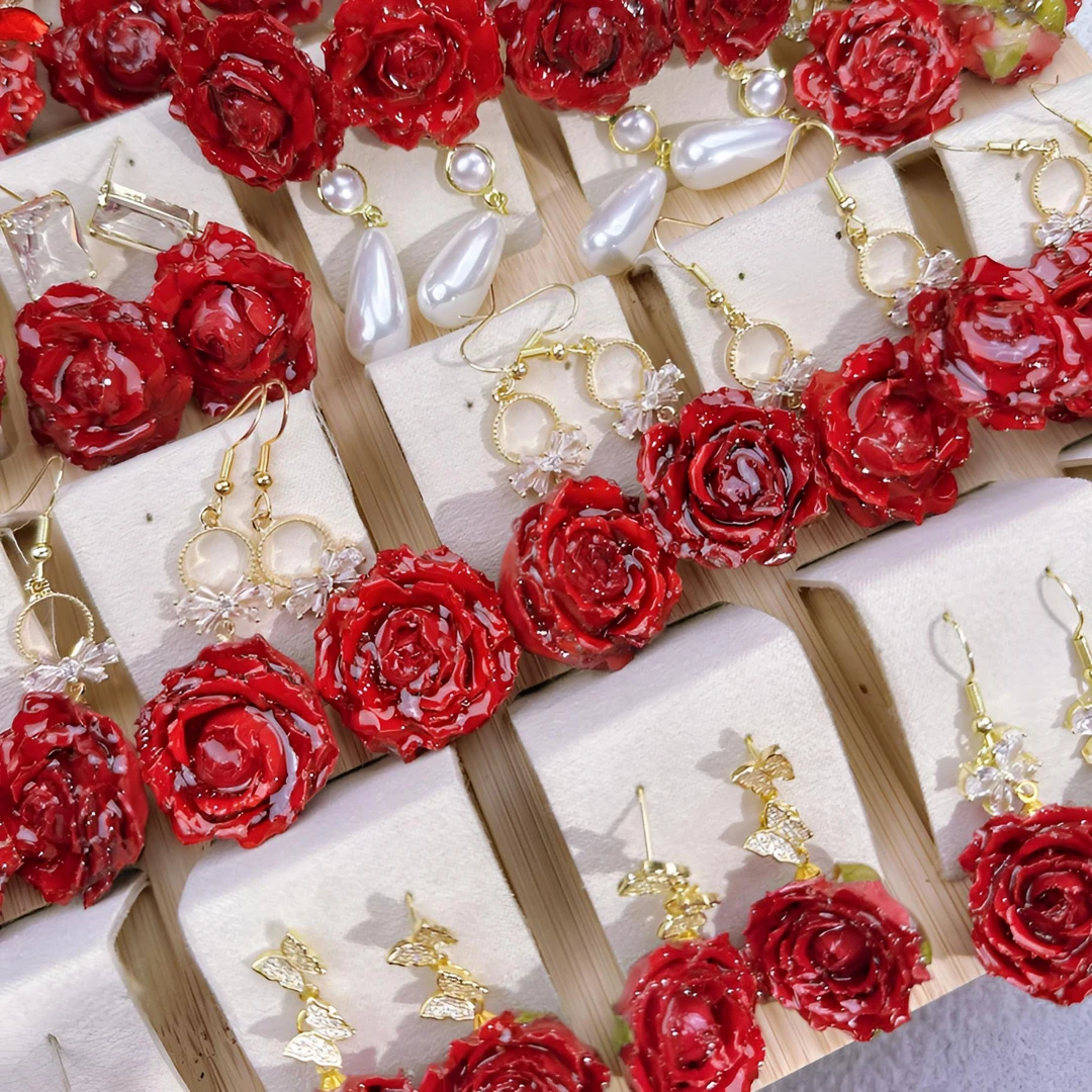 铜合金树脂耳饰 红玫瑰鲜花工艺耳饰 一朵朵手掰大花 气质红色