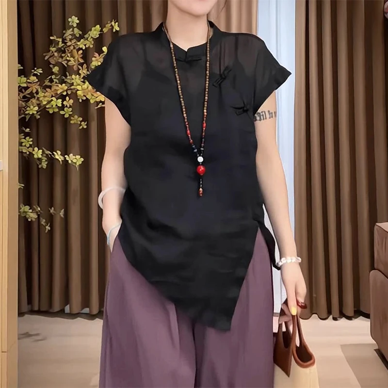 复古中式风黑色斜襟盘扣衬衫女新款轻薄透气慵懒显瘦不对称上衣夏