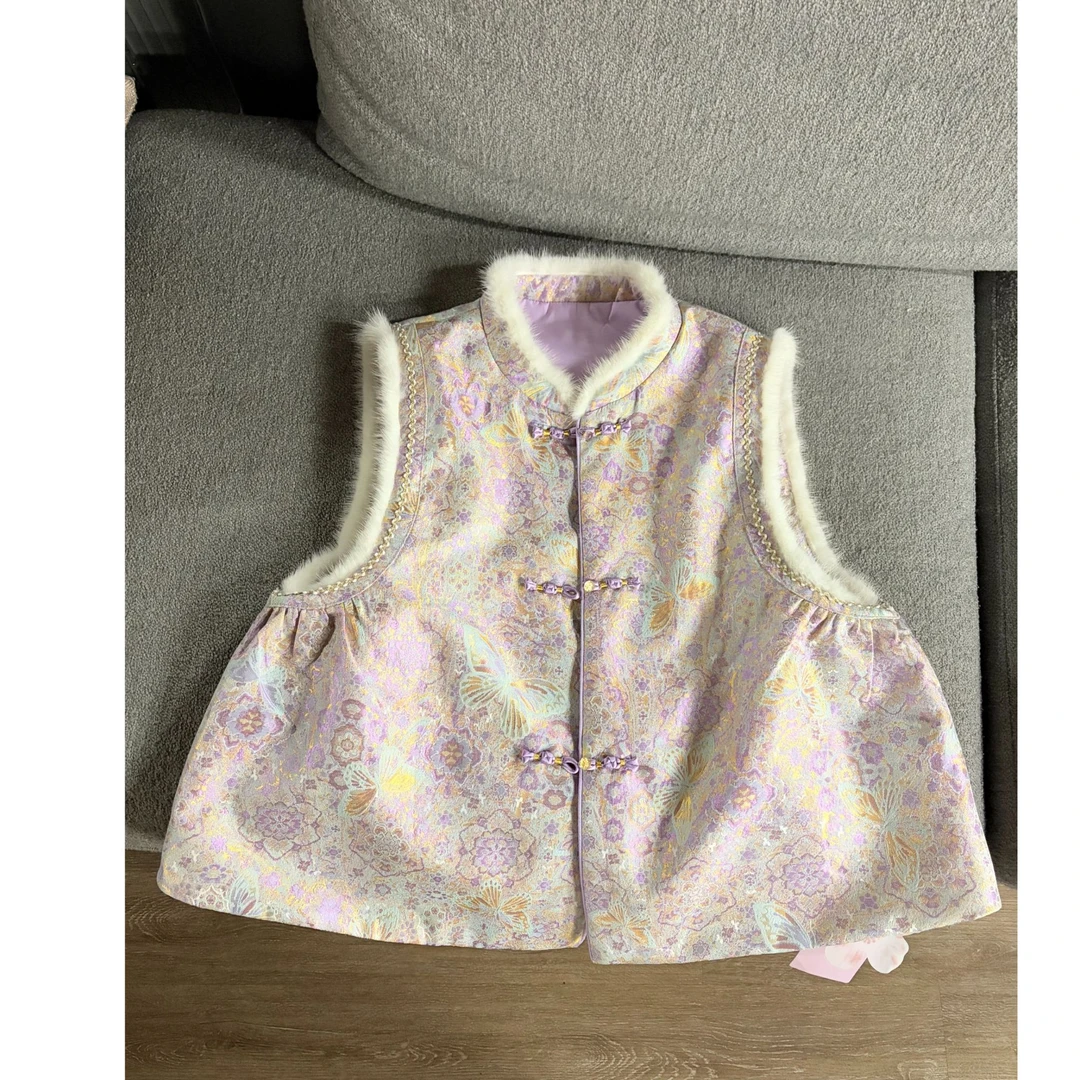 【禾嘉】新中式提花加棉拼接水貂毛马甲