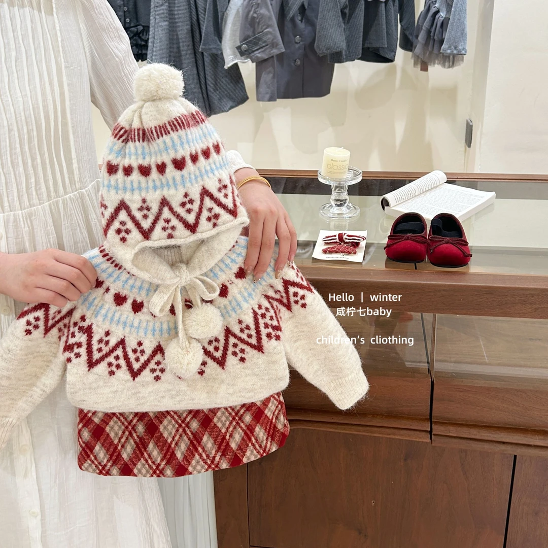 【咸柠七】圣诞红格颂！复古费尔岛提花毛衣女童秋冬慵懒风针织衫