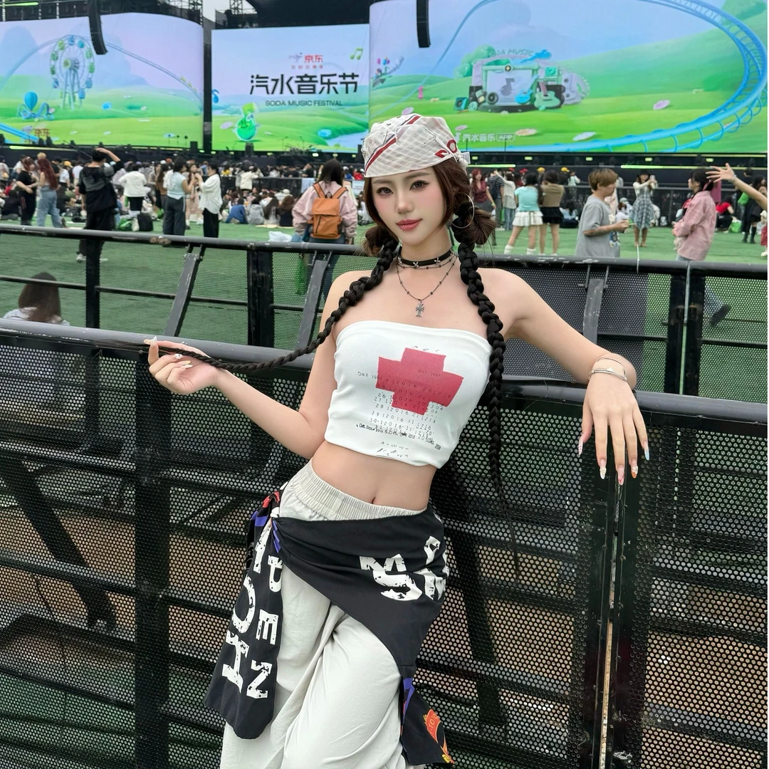 2025夏季复古美式红白撞色印花无袖抹胸修身显瘦百搭打底上衣女