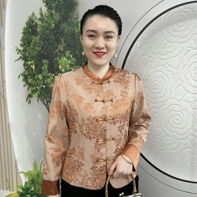 优雅气质短款上衣春季新款复古盘扣中年妈妈提花丝缎开衫长袖外套