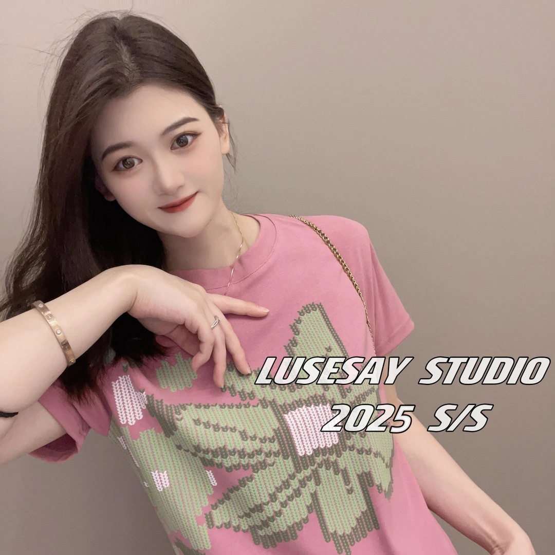LUSESAY 设计感重工发泡印 夏季2025新款 短袖t恤女百搭休闲上衣