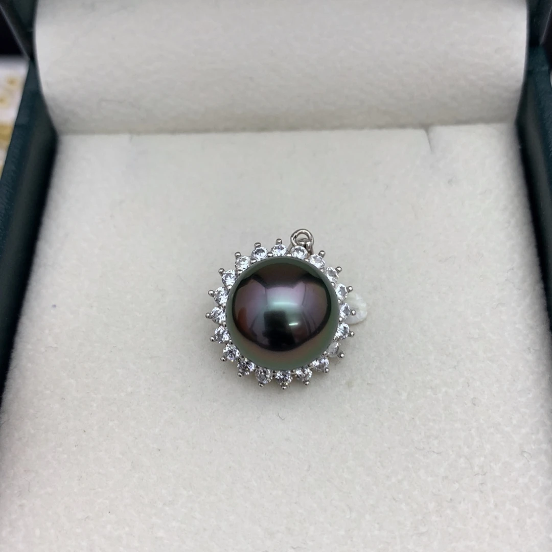 海水珍珠颈饰银S925镶嵌海水大溪地12-13mm太阳花吊坠