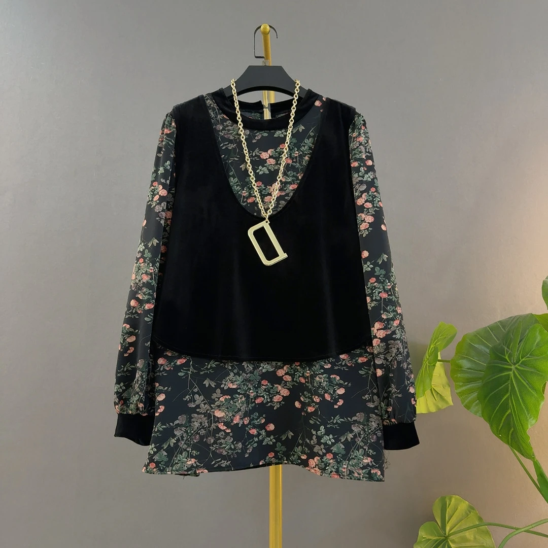 胖妹妹新款时尚圆领丝绒拼接雪纺假俩件长袖宽松遮肉大码女装上衣