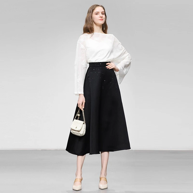 春新款极简都市圆领落肩袖上衣&赫本风大摆半裙GC35091AQC35134