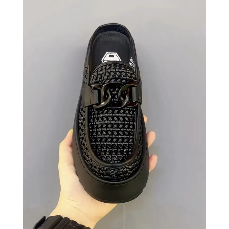 夏季男士勃肯鞋透气时尚厚底拖鞋高货牛皮编织轻便外穿包头拖5516