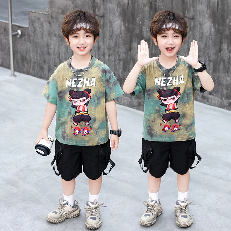 哪吒夏季套装2025新款儿童卡通短袖工装短裤男孩休闲帅气两件套