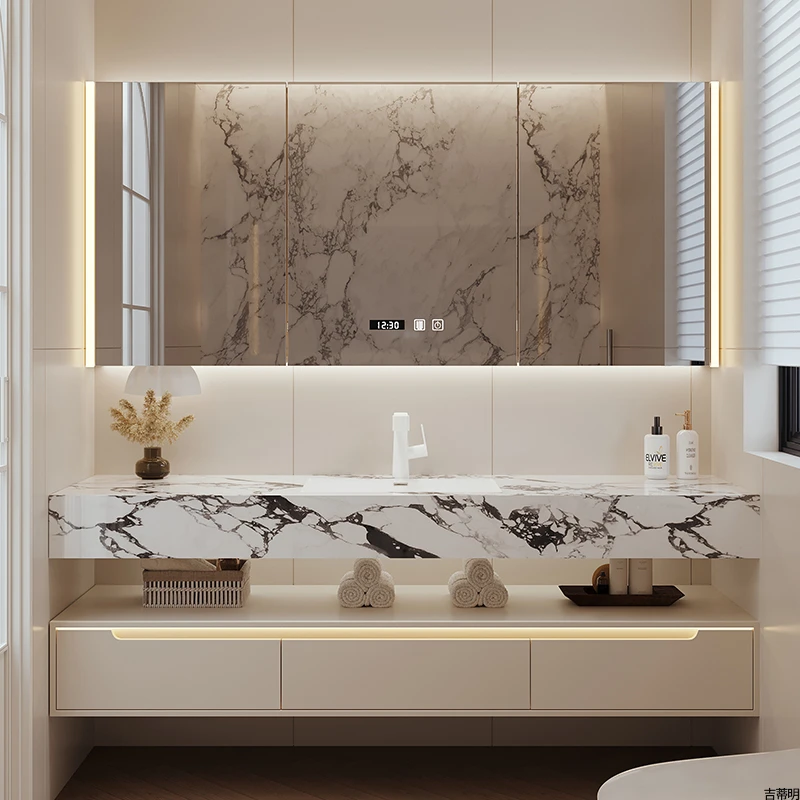【2025新款-酒店风岩板无缝盆】智能现代简约浴室柜组合洗脸盆柜