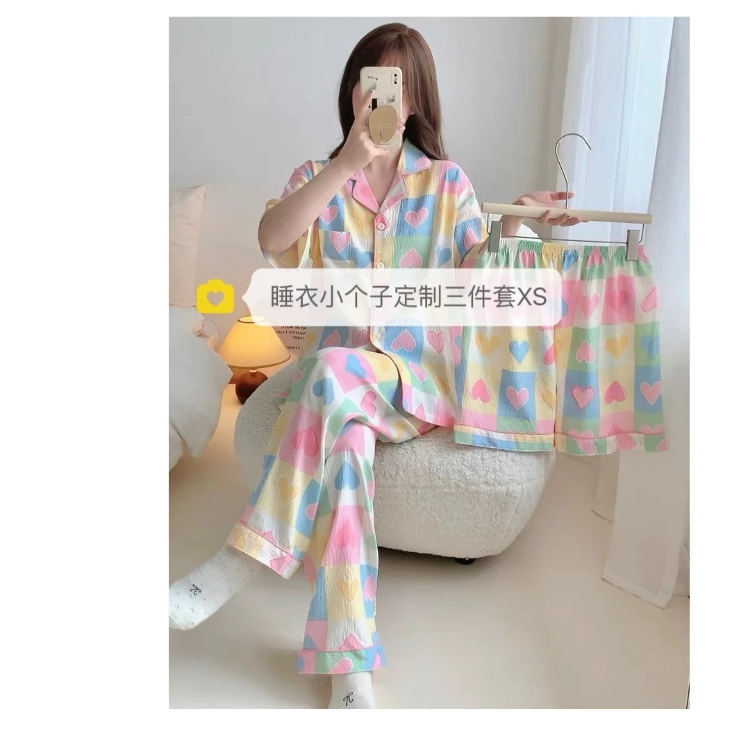 140-158小个子多巴胺新款爱心三件套家居服小香风夏天薄款套装