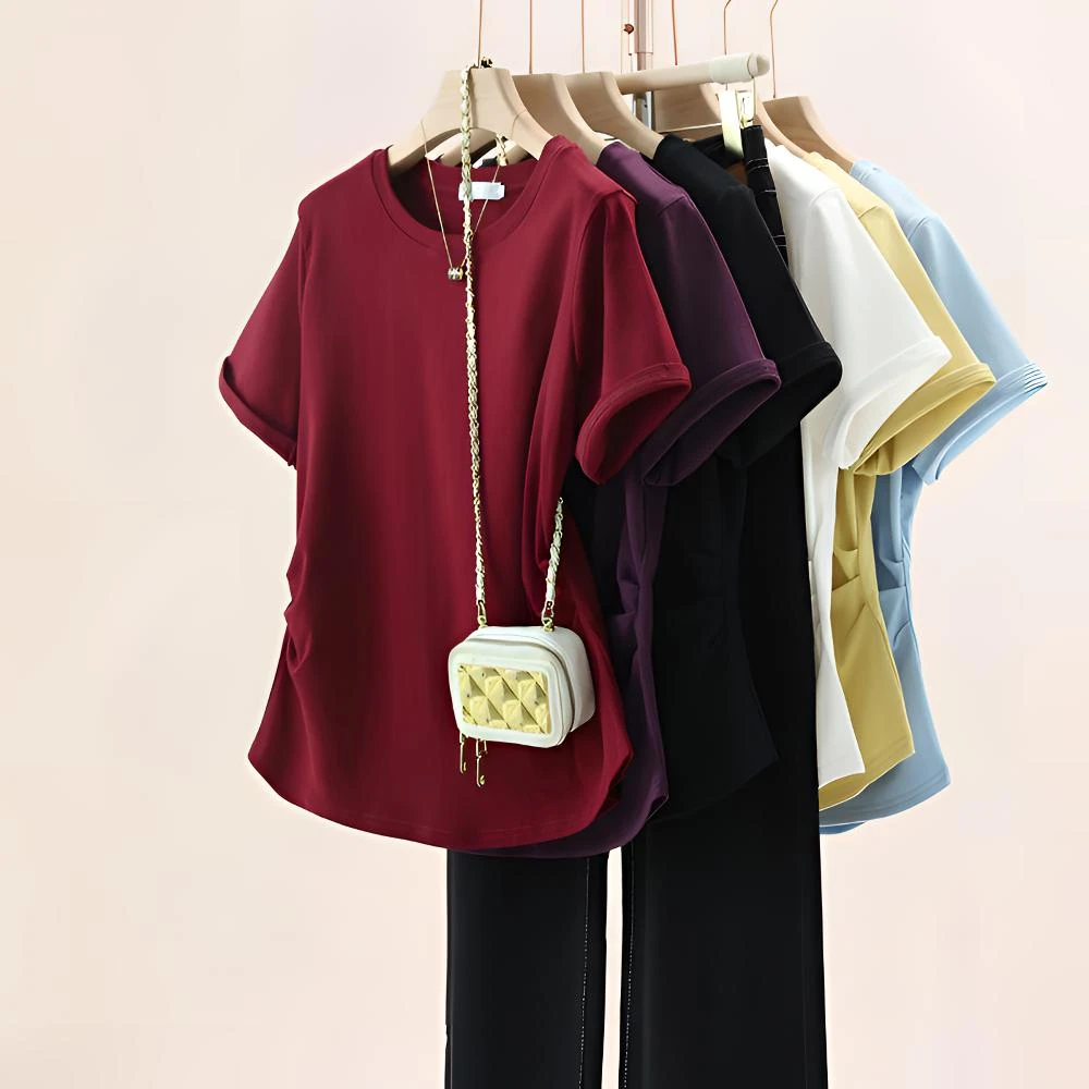 大码显瘦抽褶收腰正肩T恤女夏季2025年新款百搭胖mm遮肉纯色上衣