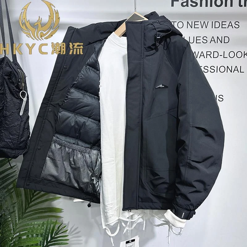 HKYC工装连帽加绒服男士冬季2025新款休闲保暖加厚绒冲锋衣男