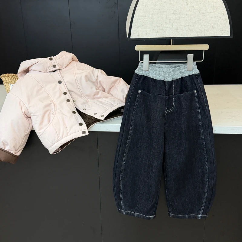 【现货】leomama童装女童加绒弯刀牛仔裤2025冬季洋气儿童保暖裤子