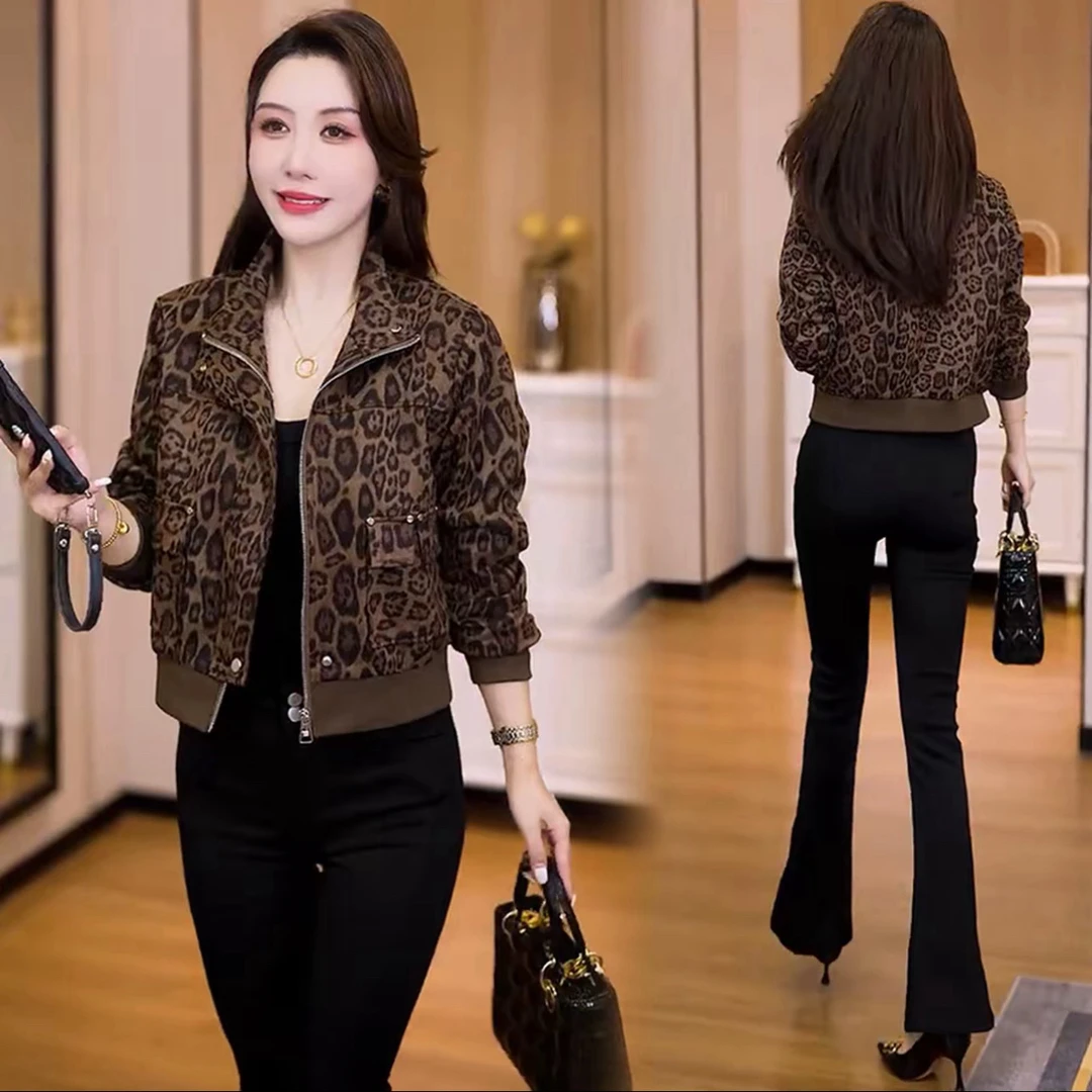 秋装女款爆款2025新款短外套女春秋复古小个子豹纹上衣休闲百搭