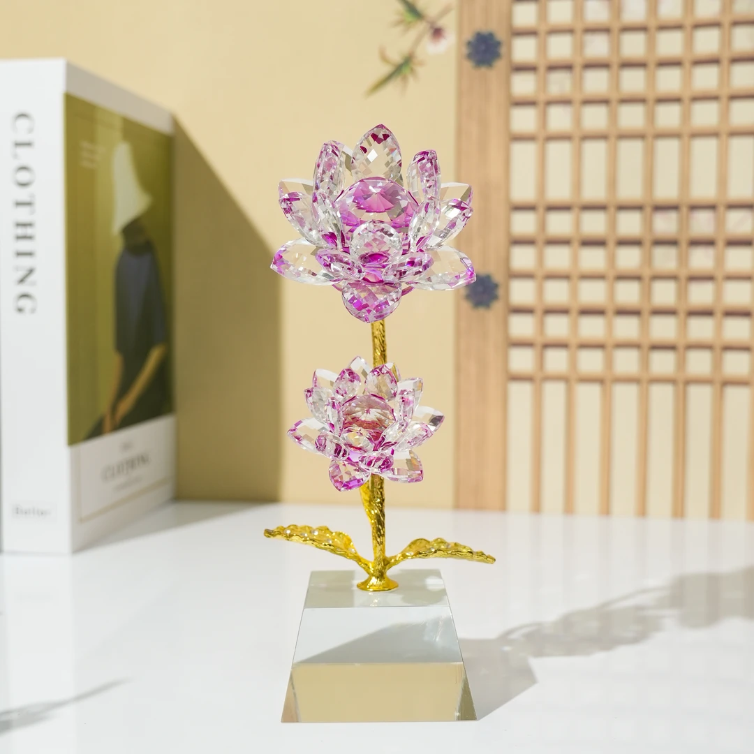K9水晶双头紫莲花创意轻奢酒店高档玄关中式摆设结婚情人节礼物