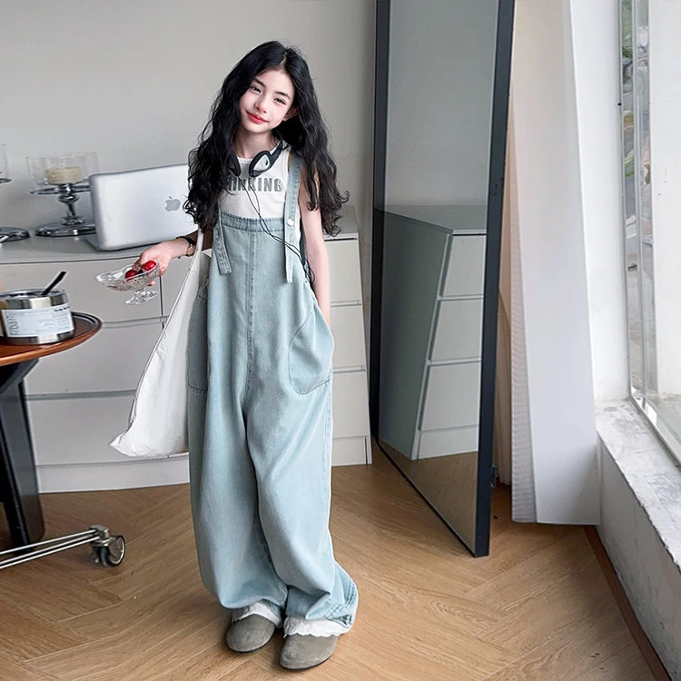 女童背带裤套装夏款2025新款儿童牛仔长裤薄款大童女孩两面穿裤子