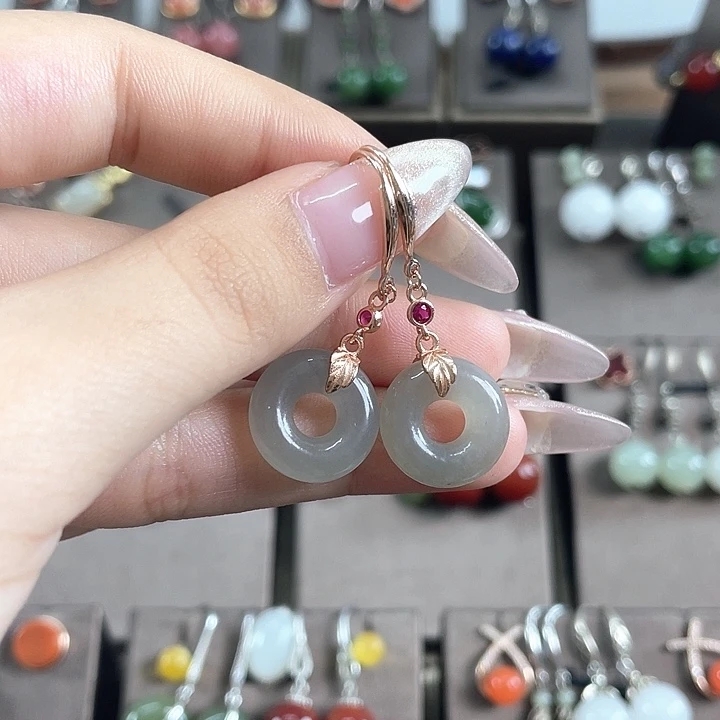 和田玉银S925镶嵌耳饰平安扣烟紫