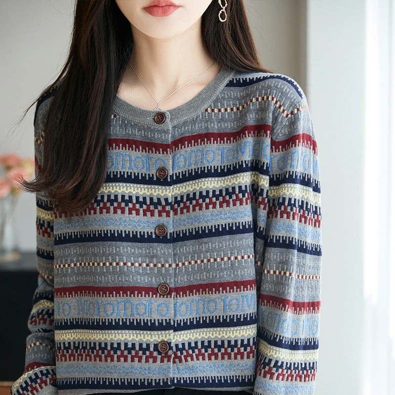 大码哥弟阿玛施正品早秋条纹提花针织开衫外套女2025新款春秋外搭