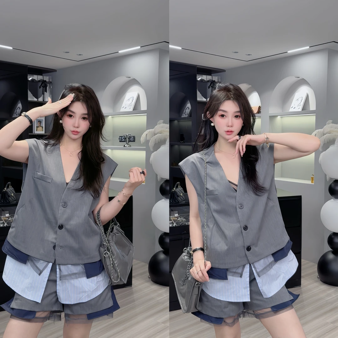 拼接西装马甲裤子套装女2025春夏新款V领砍袖外套阔腿短裤两件套