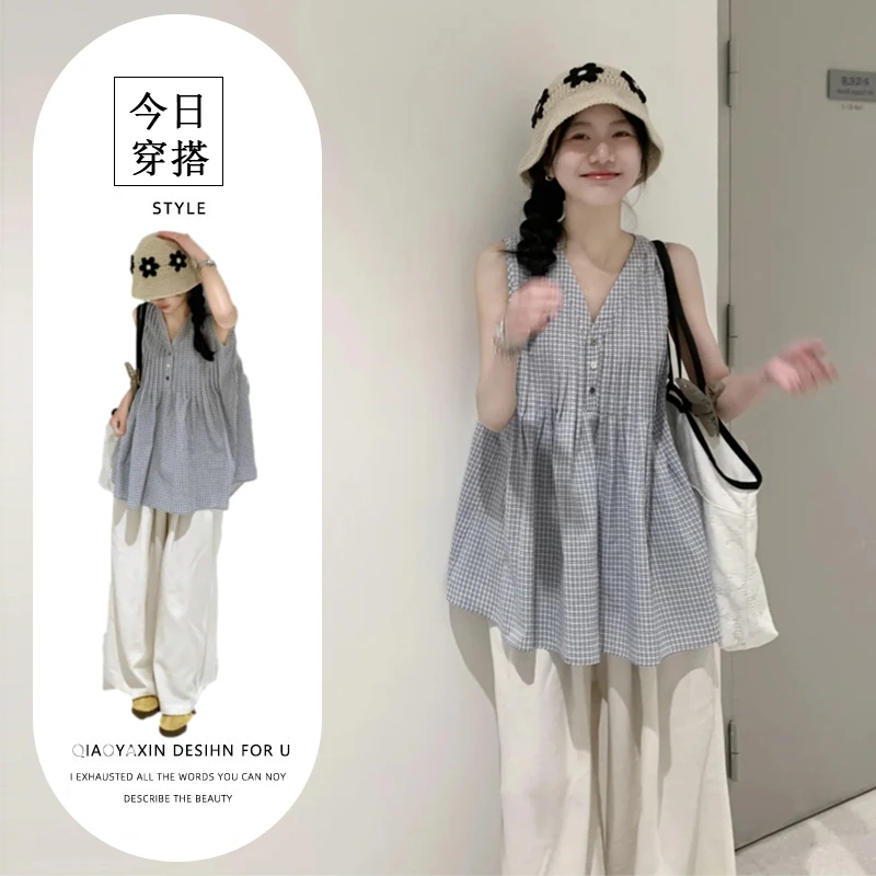 今年流行漂亮穿搭套装独特别致小众V领格子娃娃衫阔腿休闲裤套装