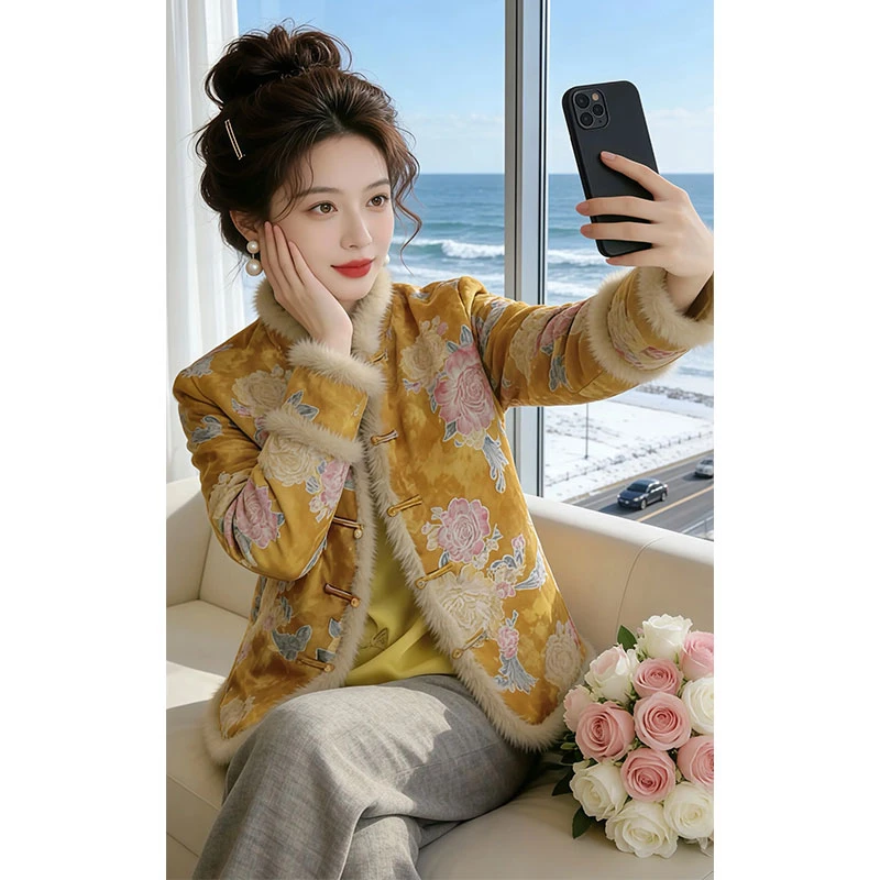 兹伊翰【碎花鎏金】2025冬季新款复古风提花盘扣外套女士新中式女装