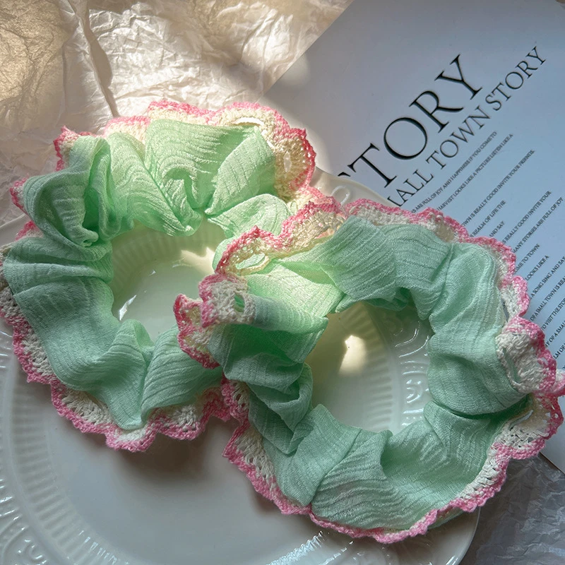 薄荷波曼绿清新少女花边布艺发圈粉色勾边马尾发圈甜美气质风百搭