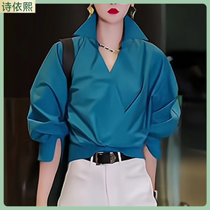1翻领衬衫女春季设计感宽松显瘦独特别致漂亮蓝色叠穿气质上衣I