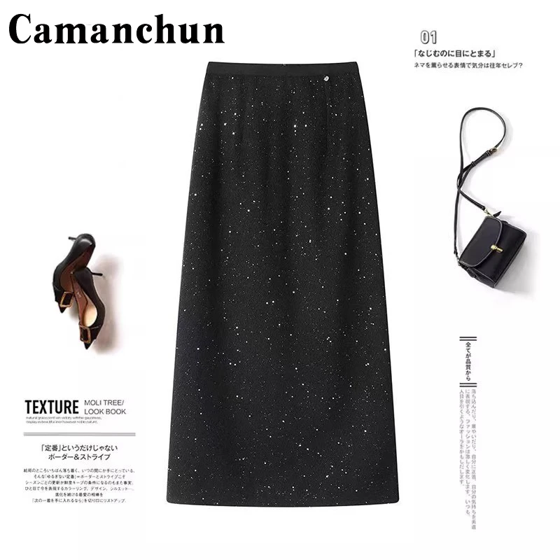 卡曼纯亮片半身裙女冬高级感星空闪闪气质直筒a字毛呢包臀长裙子